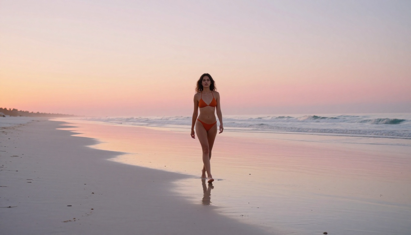 Wide shot of a woman in a burnt orange bikini walking alone along a pristine beach at sunrise