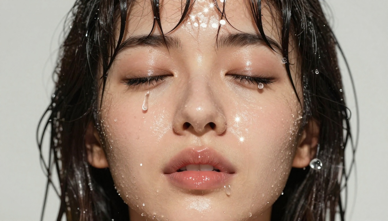 Extreme close-up of a woman's face with water cascading over her closed eyes and parted lips, drops catching studio strobe light
