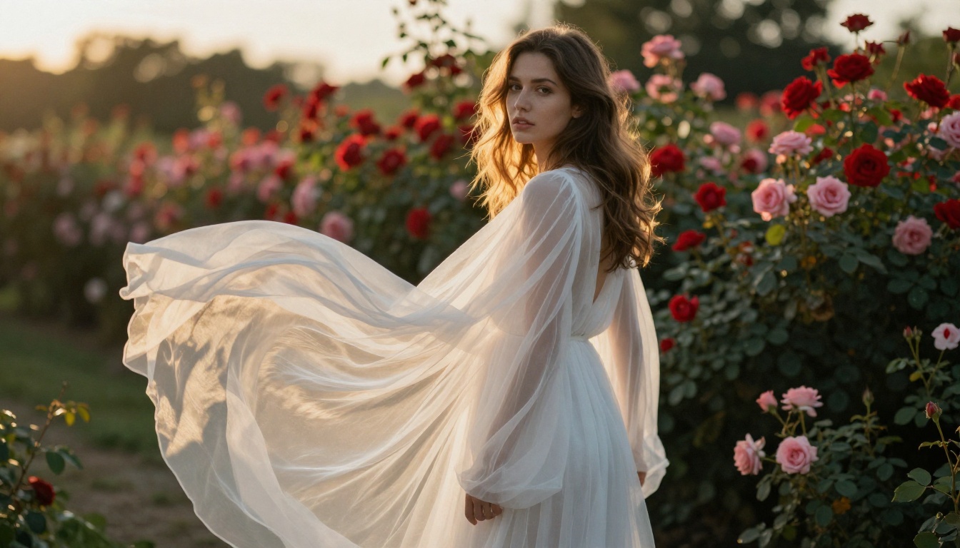 Woman in flowing white chiffon dress in an English rose garden at golden hour, fabric billowing in the breeze
