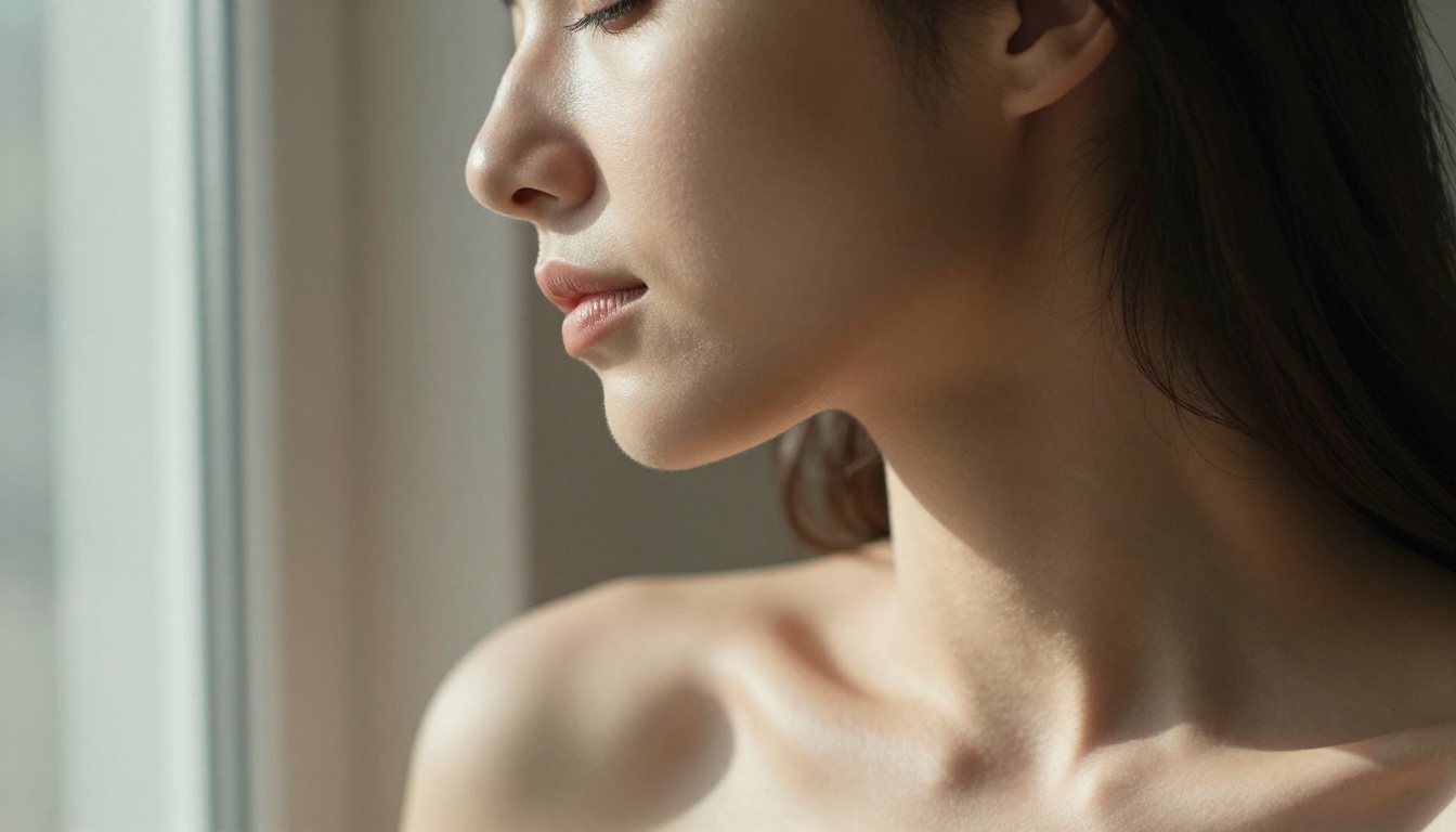 Side profile close-up of a woman's face and bare shoulder in soft morning Rembrandt light, eyes closed peacefully