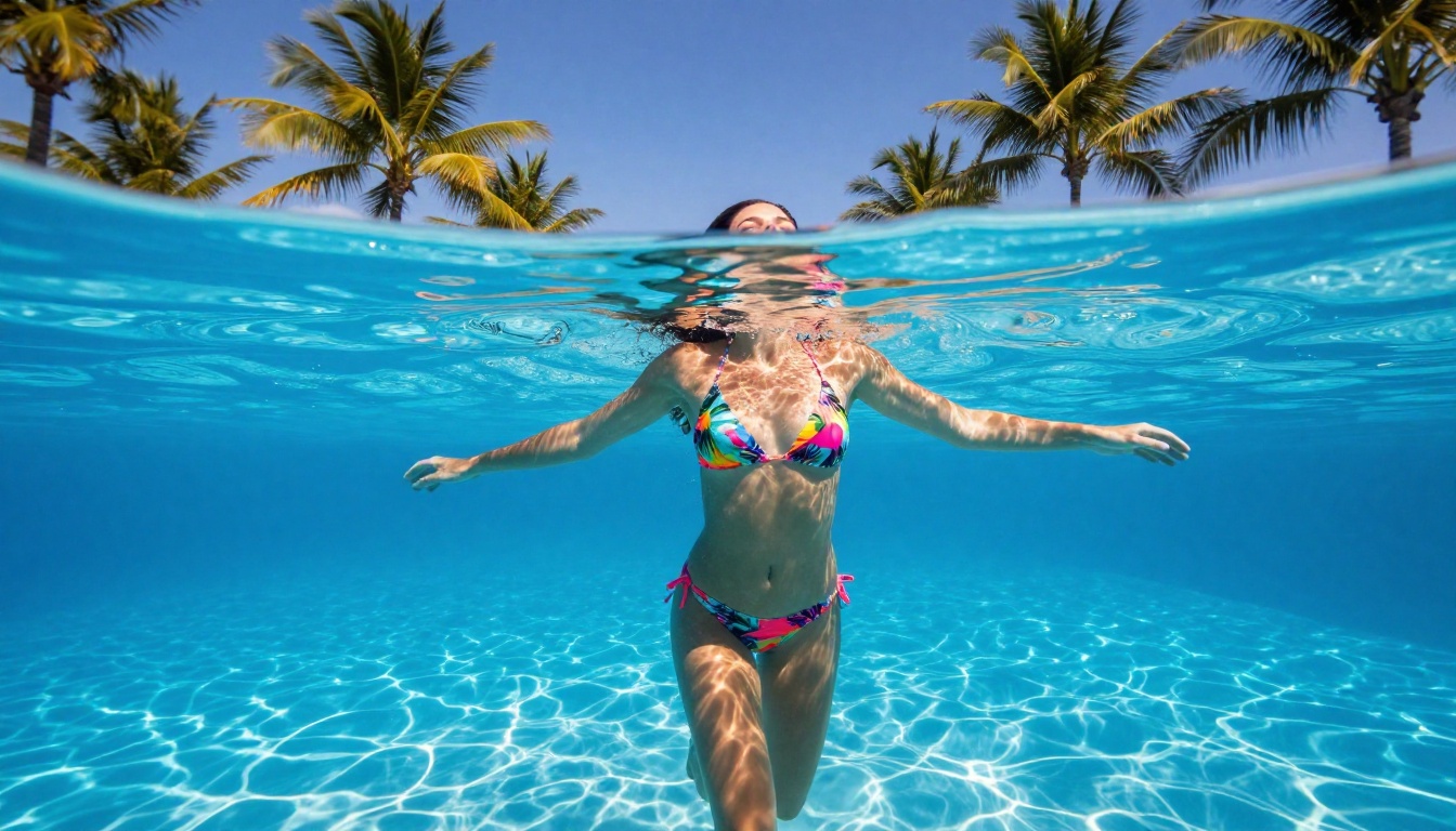 Half-underwater split shot of a woman in a tropical print bikini breaking the pool surface, arms extended