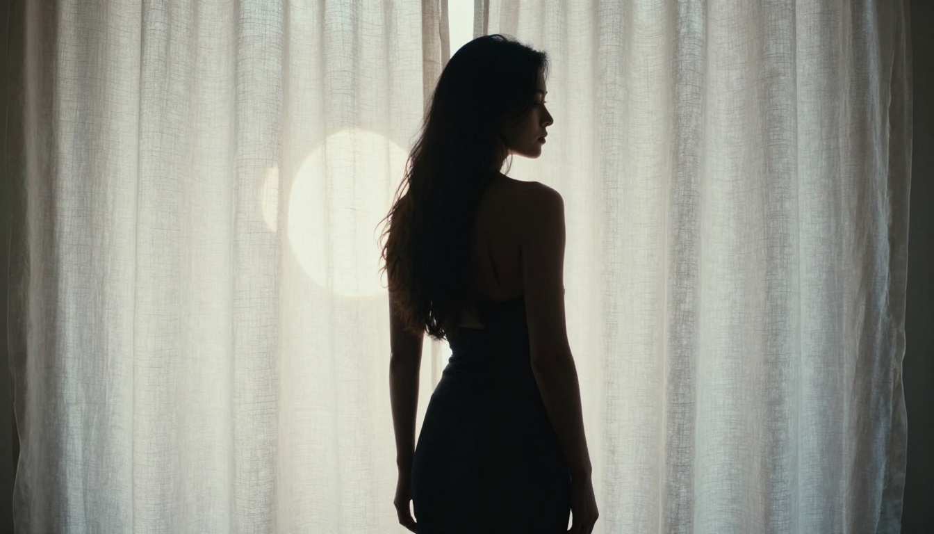 Artistic low-key photograph of a woman's silhouette behind a translucent white linen curtain with strong backlight