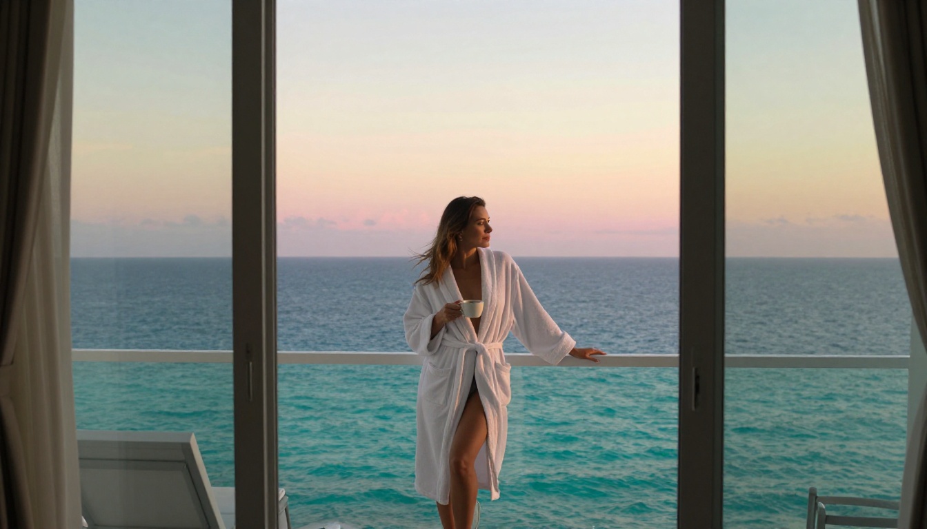 Woman in white hotel bathrobe on a luxury balcony at sunrise, looking over turquoise ocean