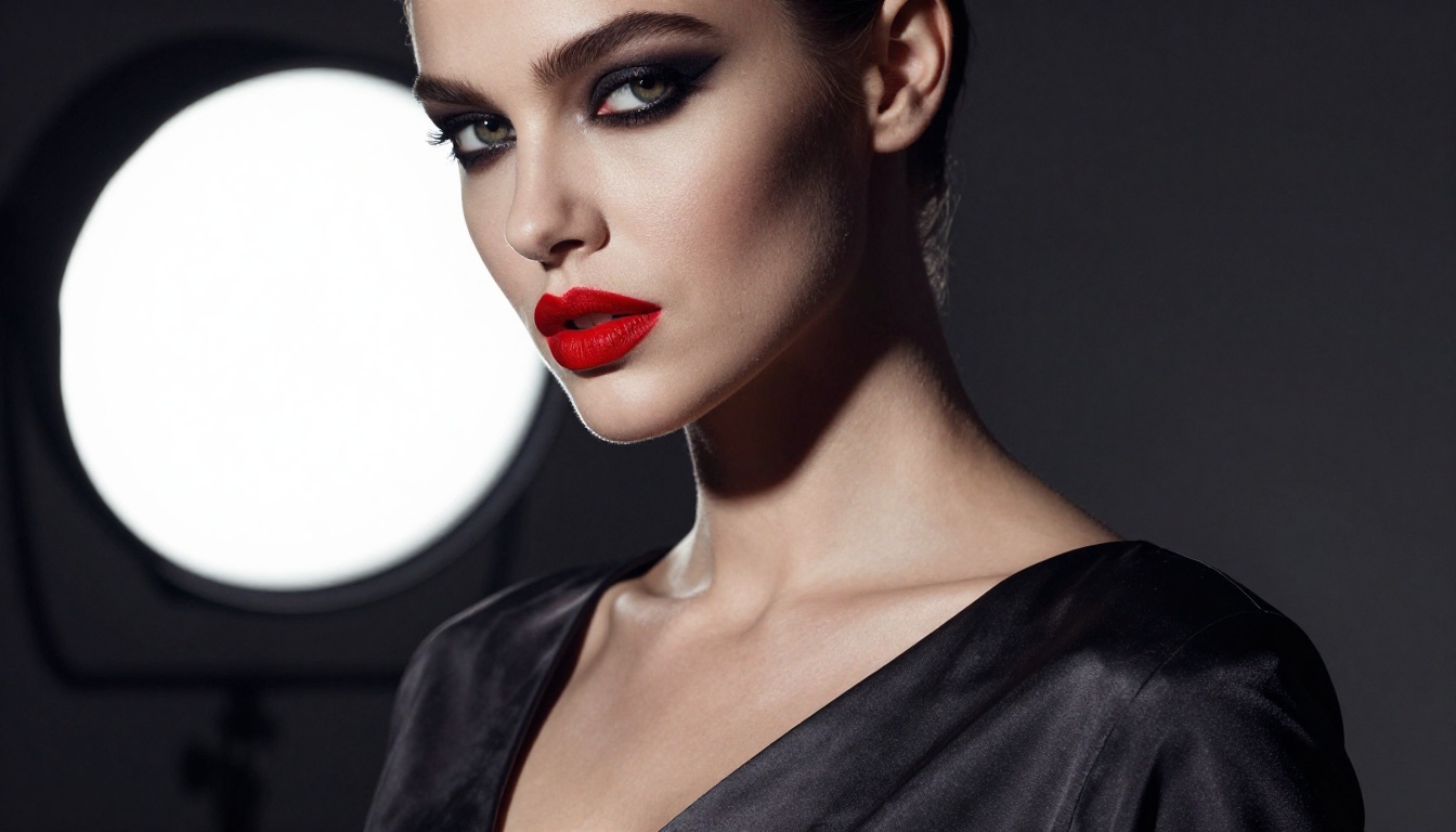 Fashion editorial close-up portrait with dramatic red lips and bold smoky eye makeup