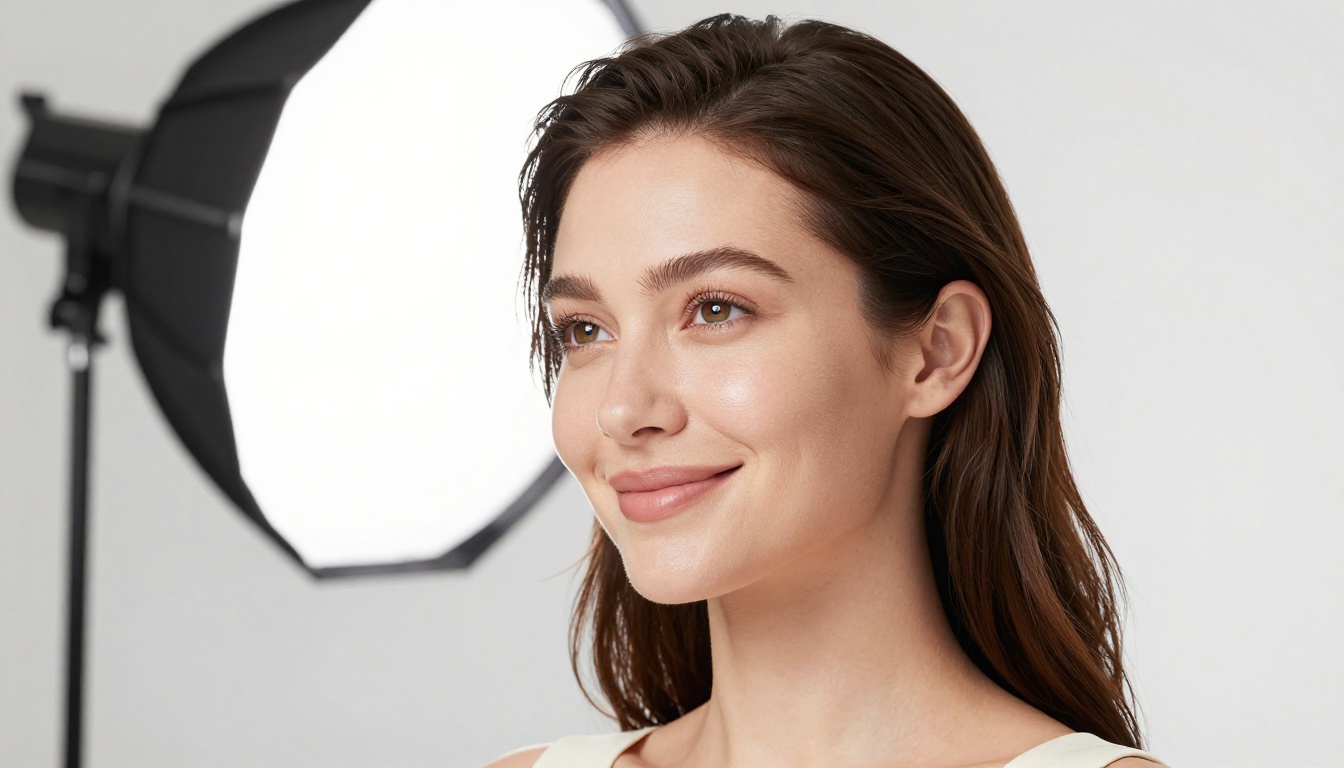 Close-up beauty shot of a woman with natural dewy skin and a warm smile, soft octabox light in a white studio