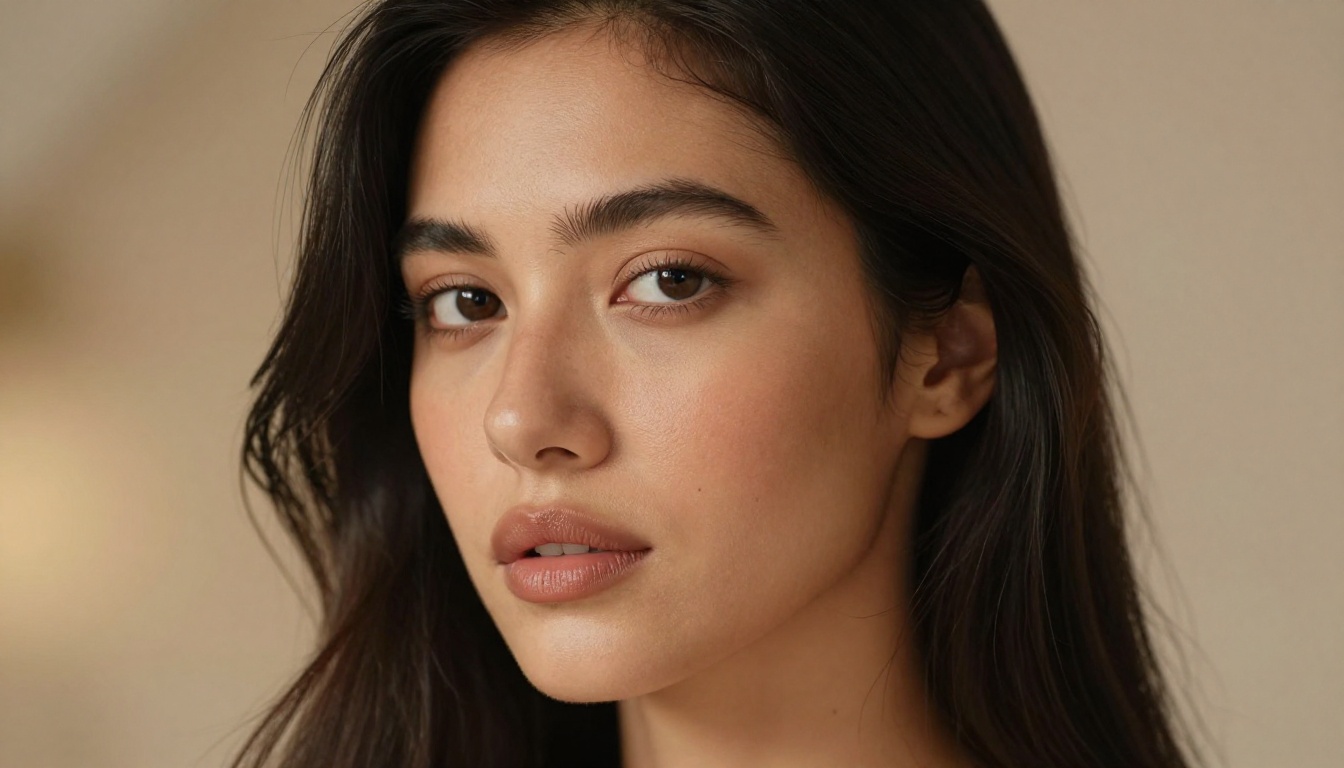 Close-up beauty portrait, dark almond eyes, soft studio lighting