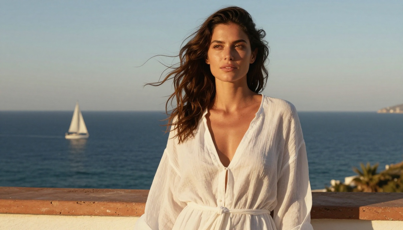 Woman in white linen beach cover-up on Mediterranean terrace overlooking the sea