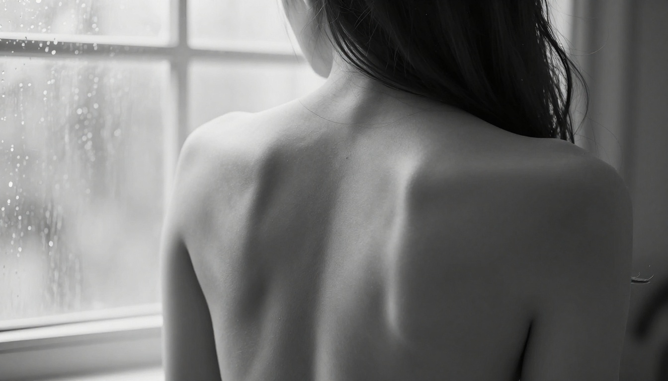 Artistic black and white photograph of a woman's bare back by a rain-streaked window