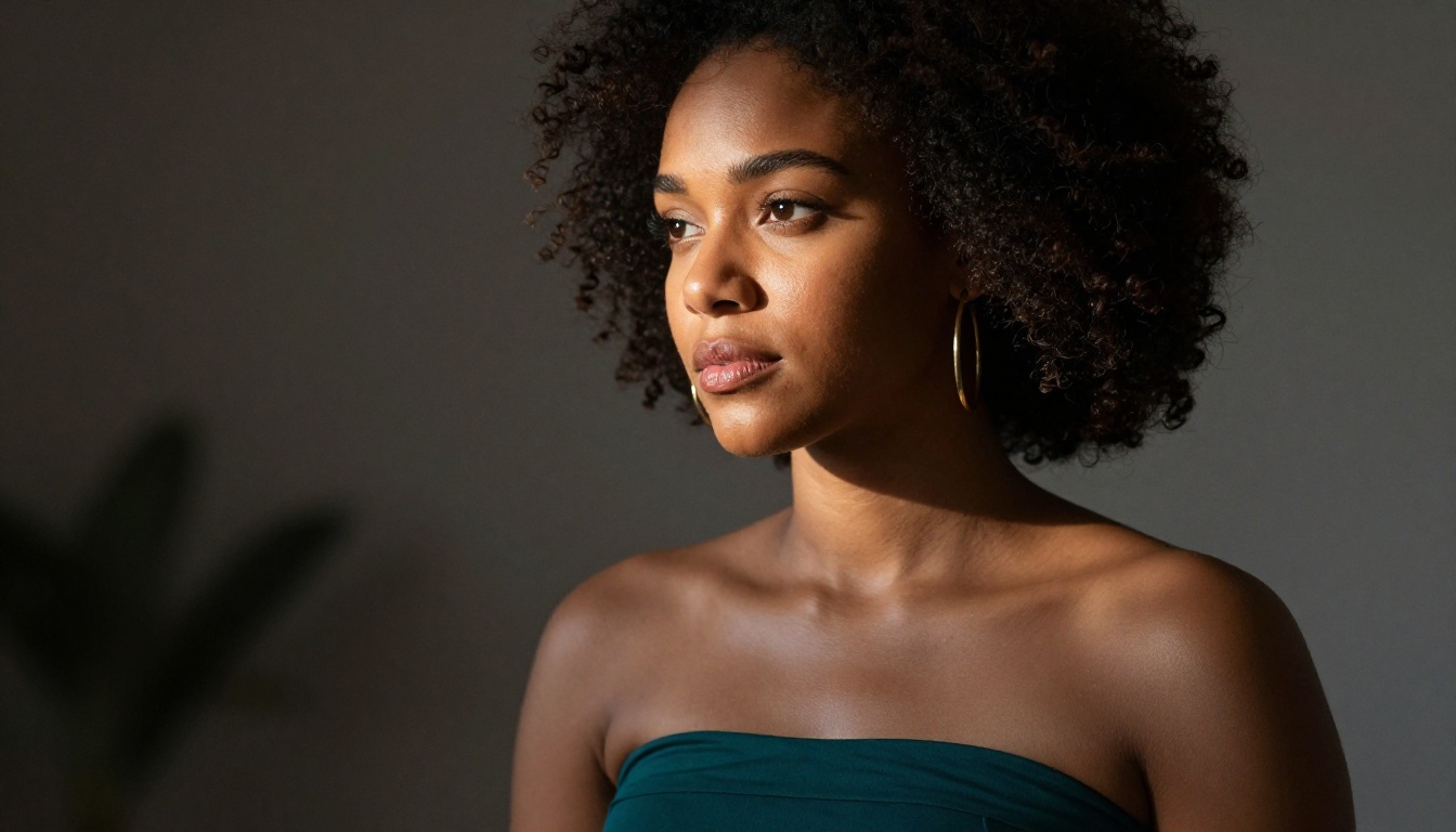 Profile portrait of woman with dark skin and natural afro hair in teal bandeau