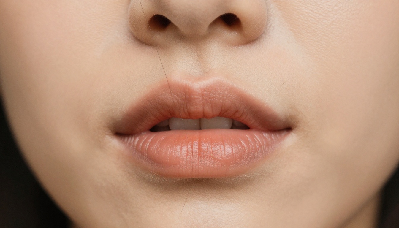 Intimate close-up of a woman's lips, full lips, warm nude lipstick, soft studio light