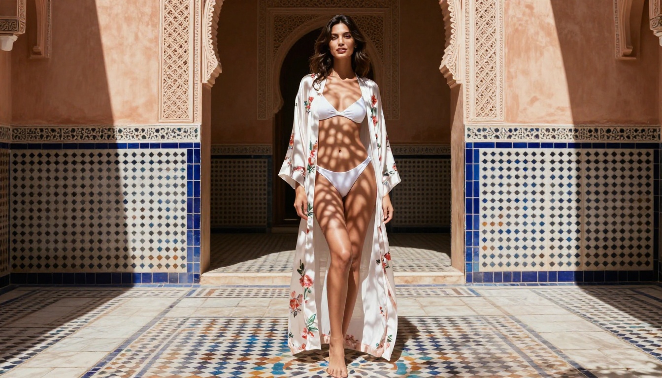 Woman in sheer floral silk robe over white bikini in Moroccan riad courtyard