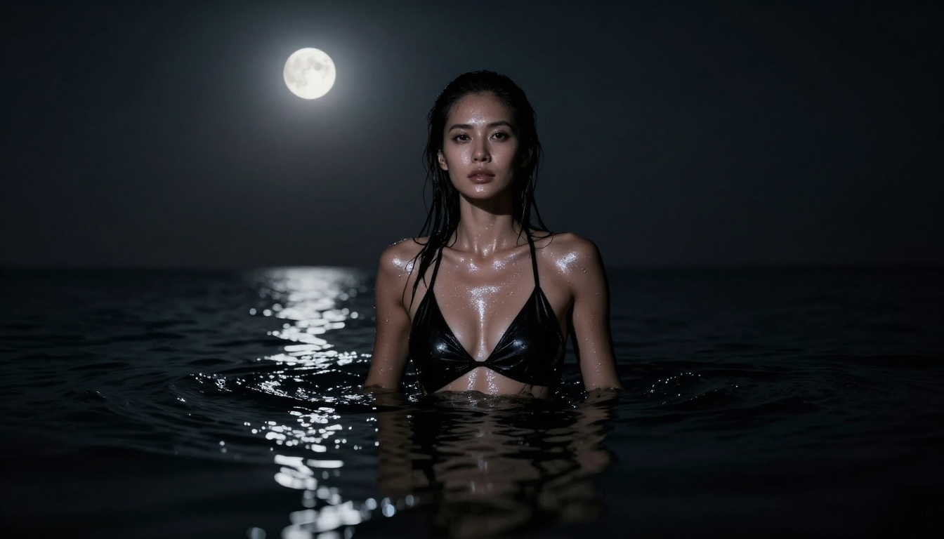 Dramatic fine-art photograph of a woman emerging from dark ocean with moonlight