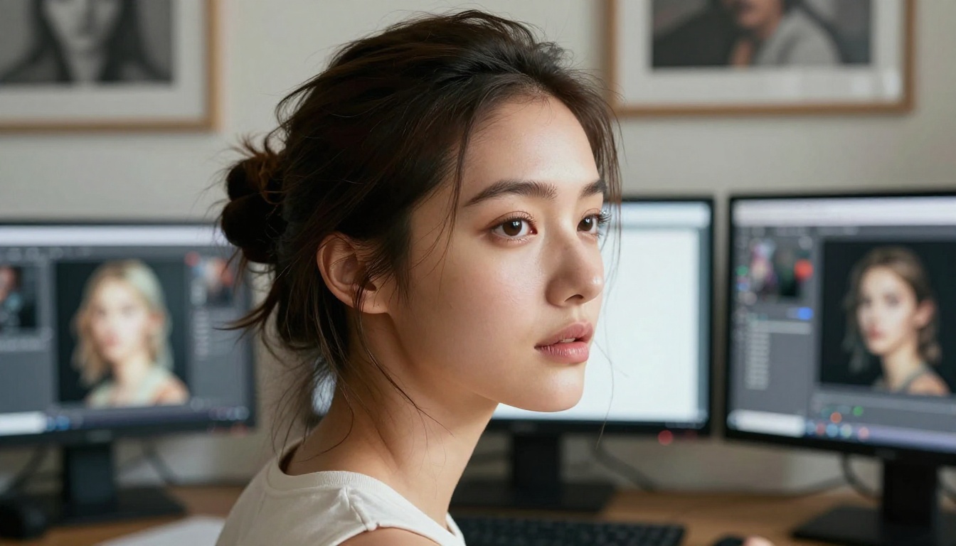 Woman at creative studio desk surrounded by AI-generated artwork on multiple monitors
