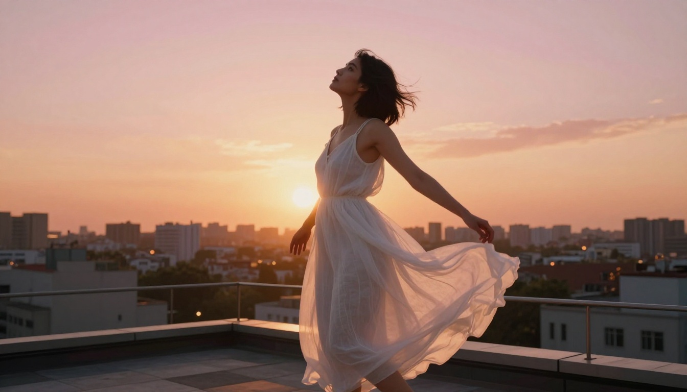 Woman in flowing white dress on rooftop terrace at golden hour
