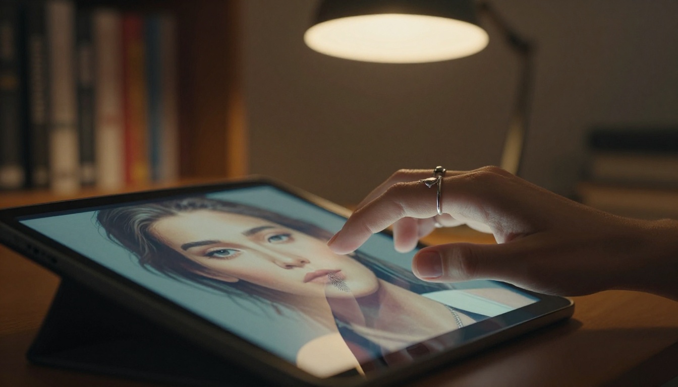 Hands gently touching a glowing tablet screen displaying AI-generated artwork