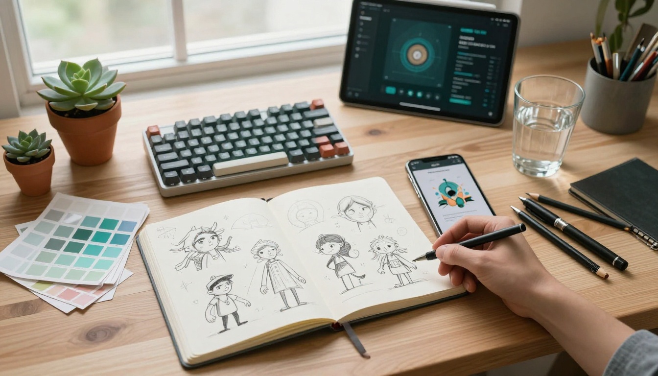 Creative workspace flatlay with sketchbooks, keyboard, color swatches, and pencils