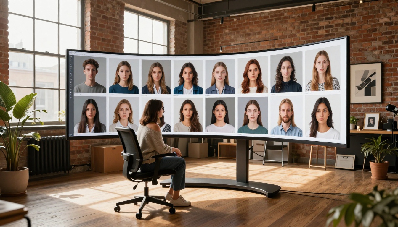 Professional AI art loft studio with ultra-wide monitor and woman studying results