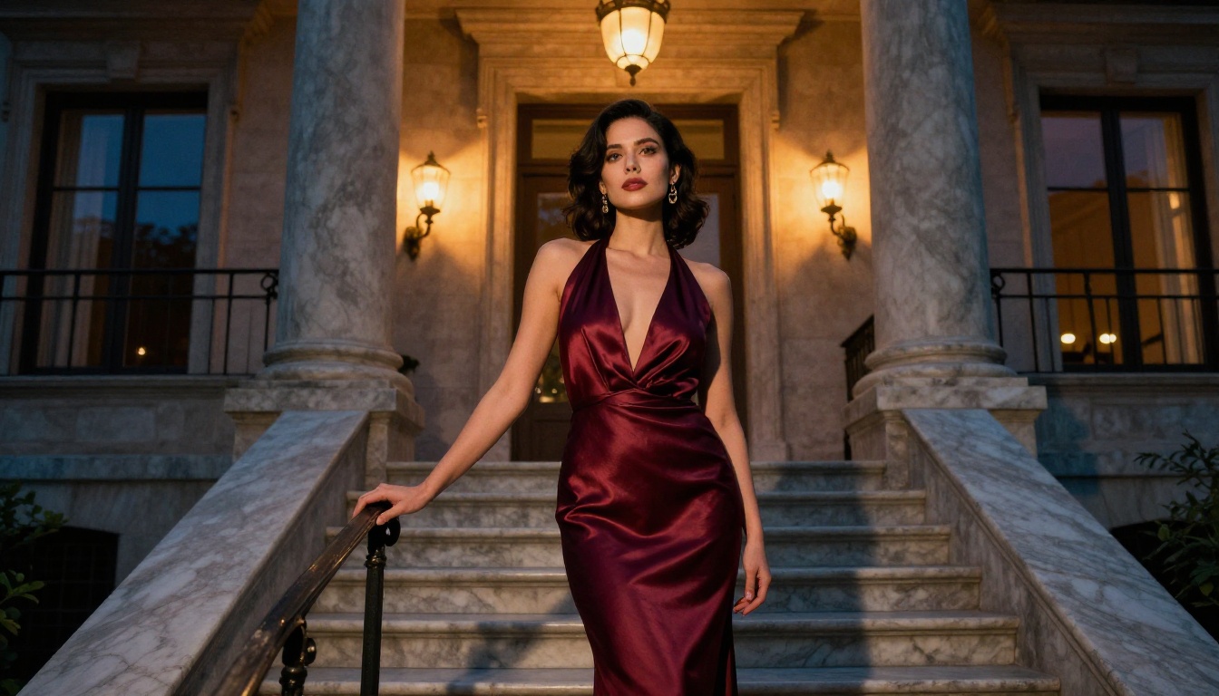 Woman in elegant burgundy evening gown on marble villa stairs at dusk