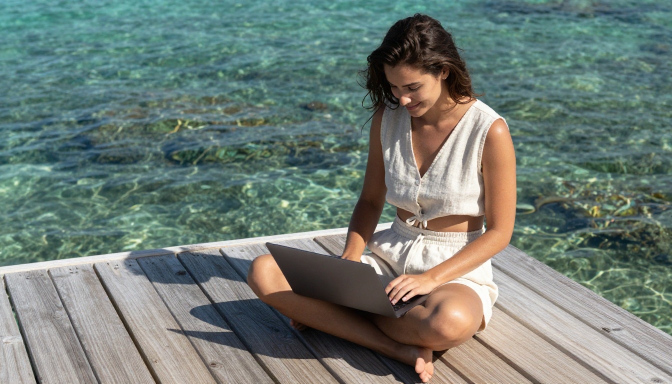 Woman sitting on wooden dock over crystal-clear Caribbean water with a laptop