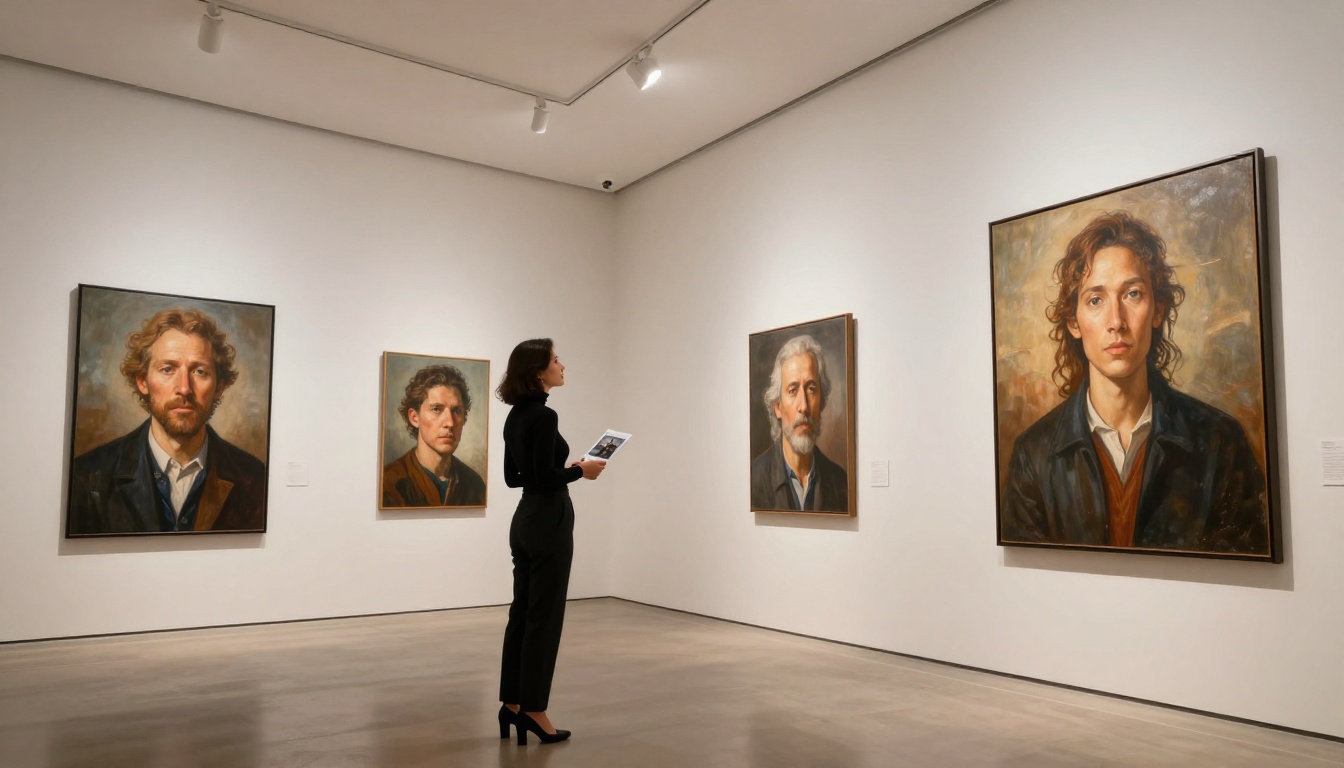 Woman in art gallery studying large photorealistic AI portraits on white walls
