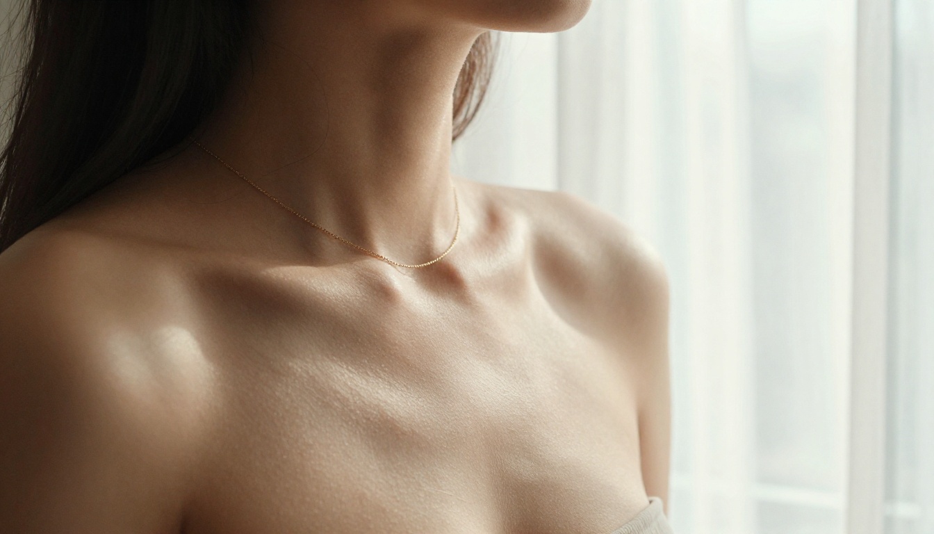 Intimate close-up of bare shoulder and collarbone in soft morning window light