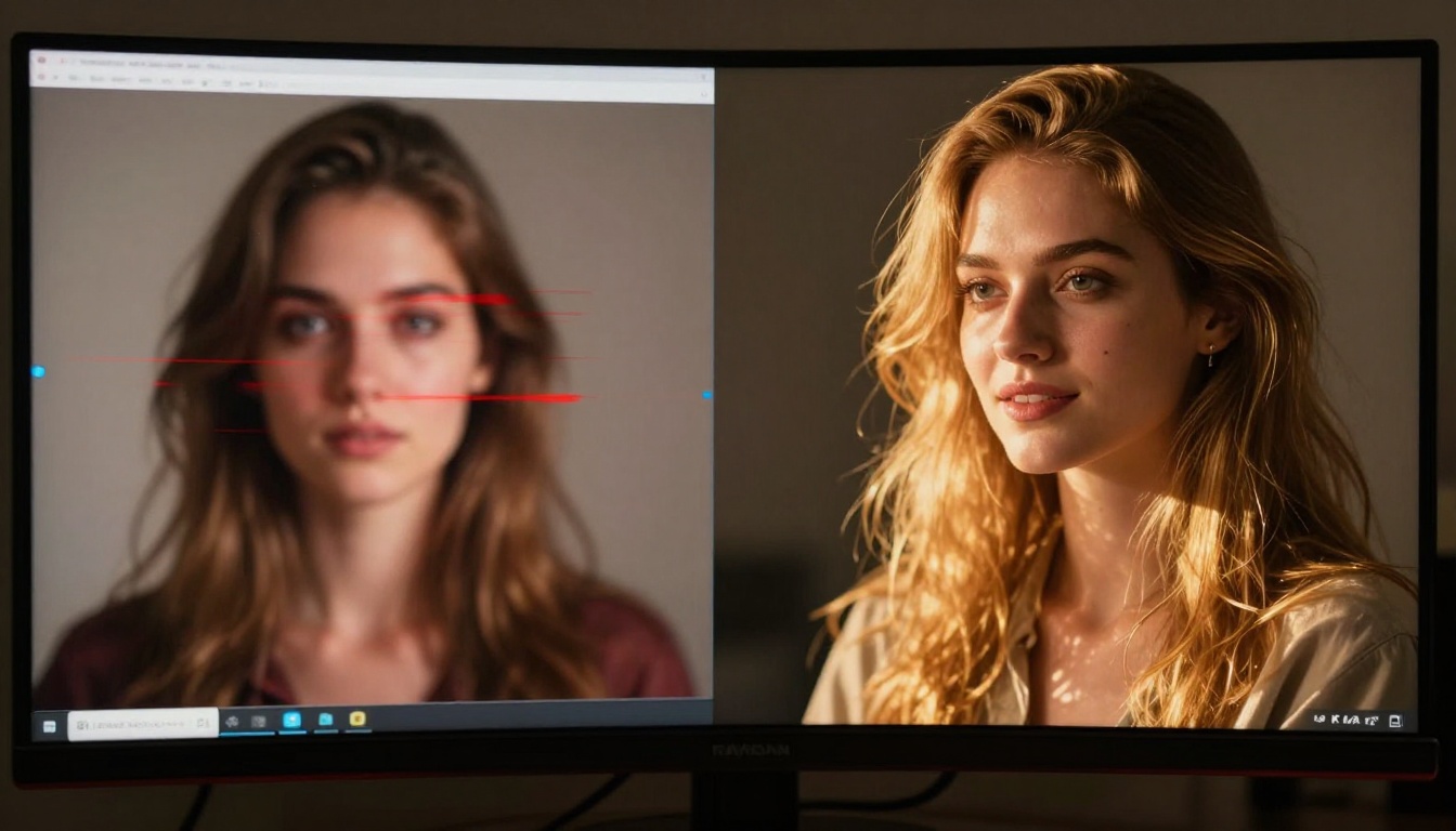 Monitor split-screen showing a blocked AI generation vs a successful photorealistic result