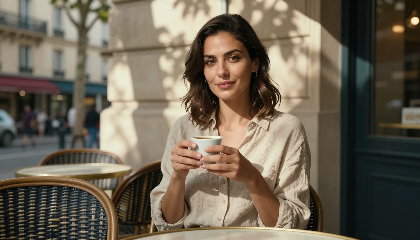 Woman in terracotta linen blouse at Parisian outdoor cafe in dappled morning light