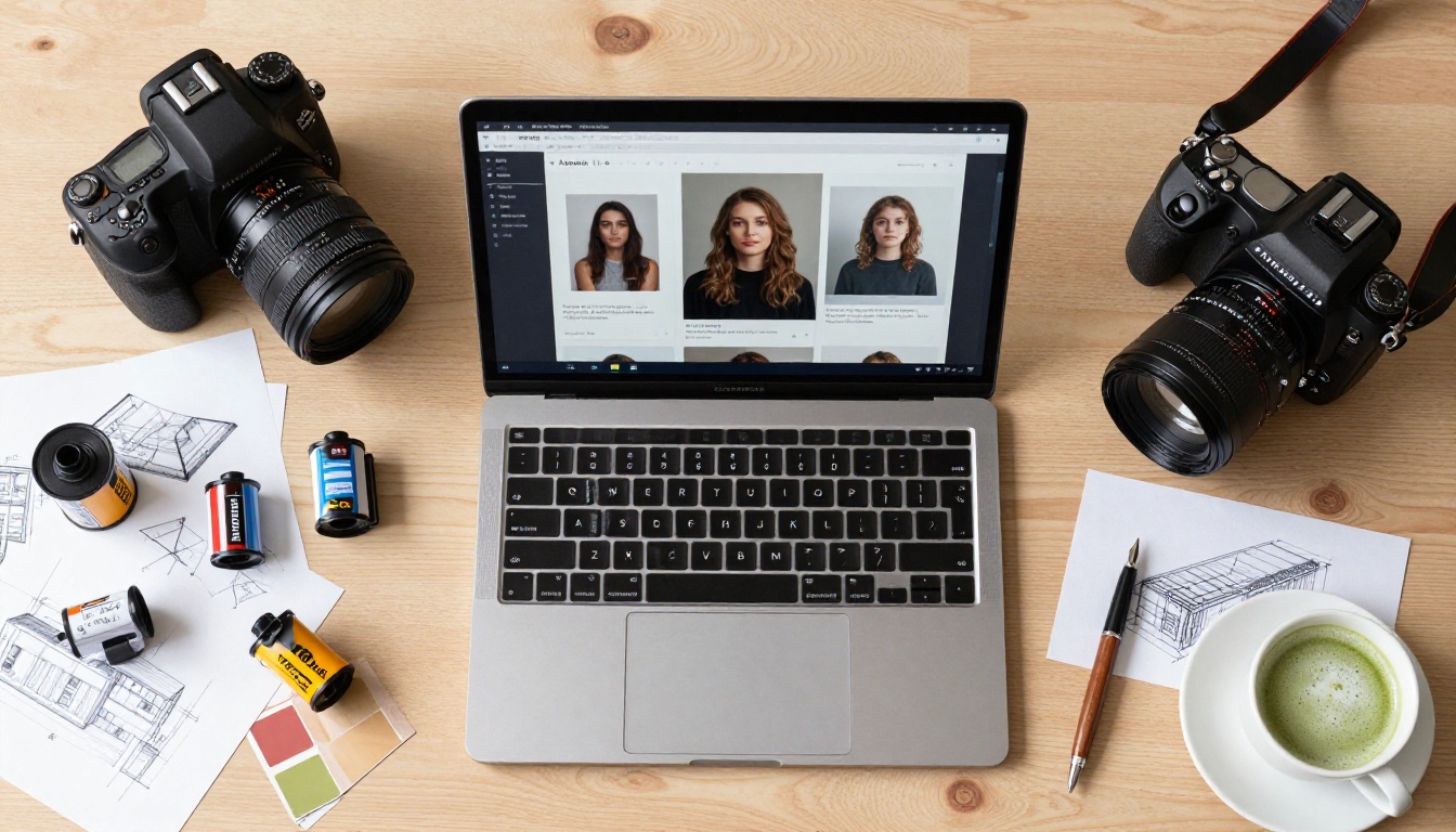 Aerial flat-lay of creative workspace with AI art laptop, DSLR, film rolls, sketches