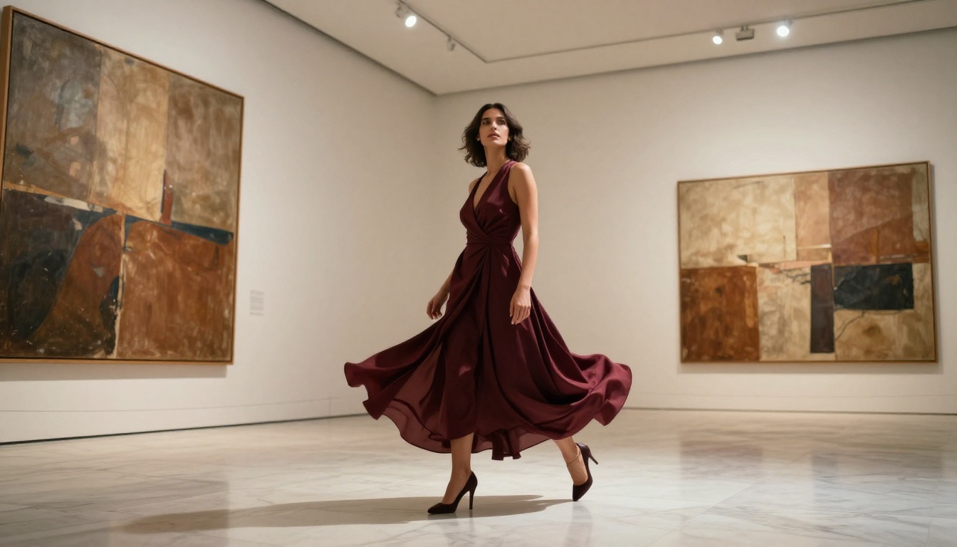 Confident woman in burgundy wrap dress walking through modern art gallery, overhead track lighting