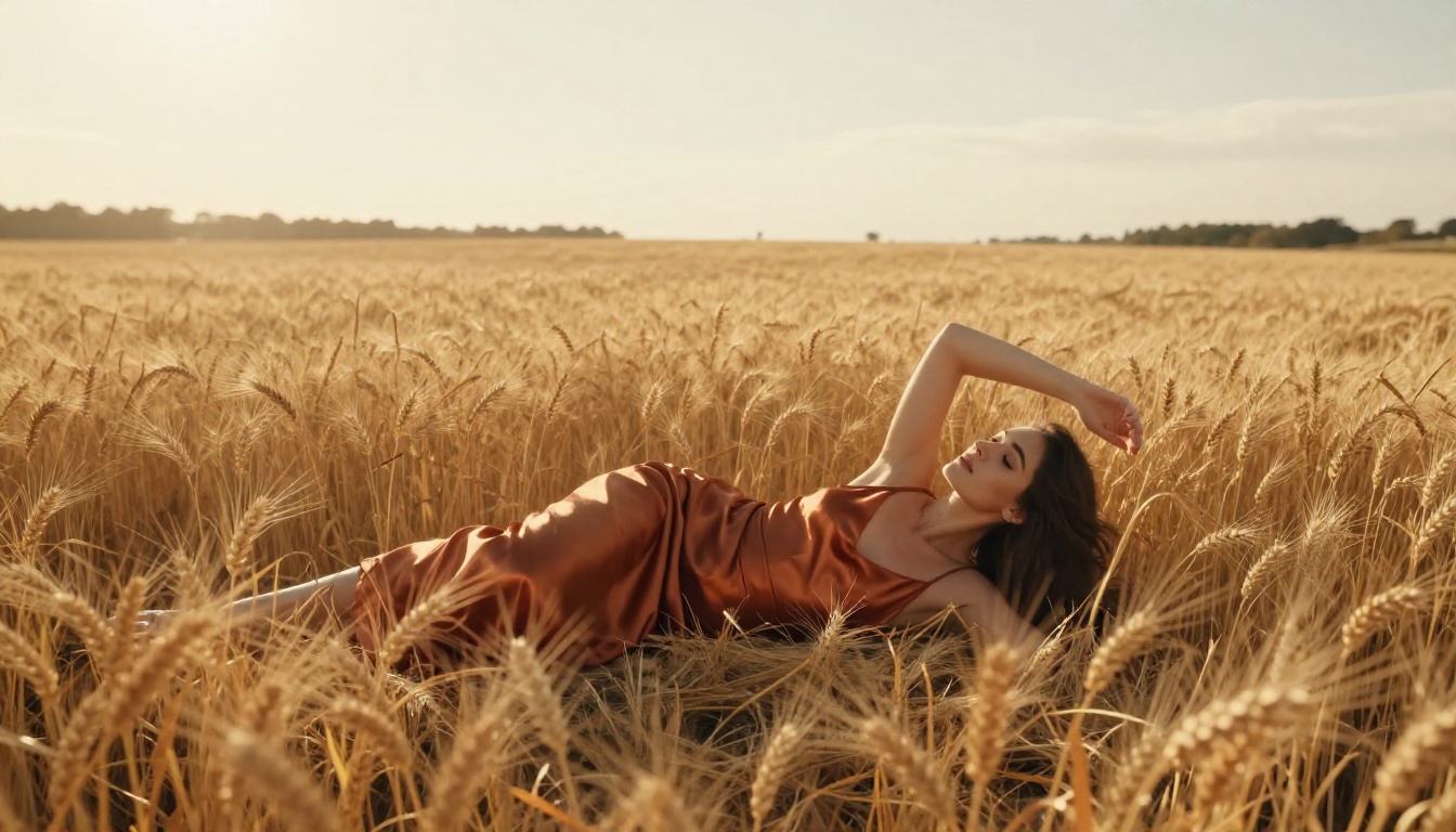 Woman in copper silk slip dress lying in golden wheat field at harvest sunset