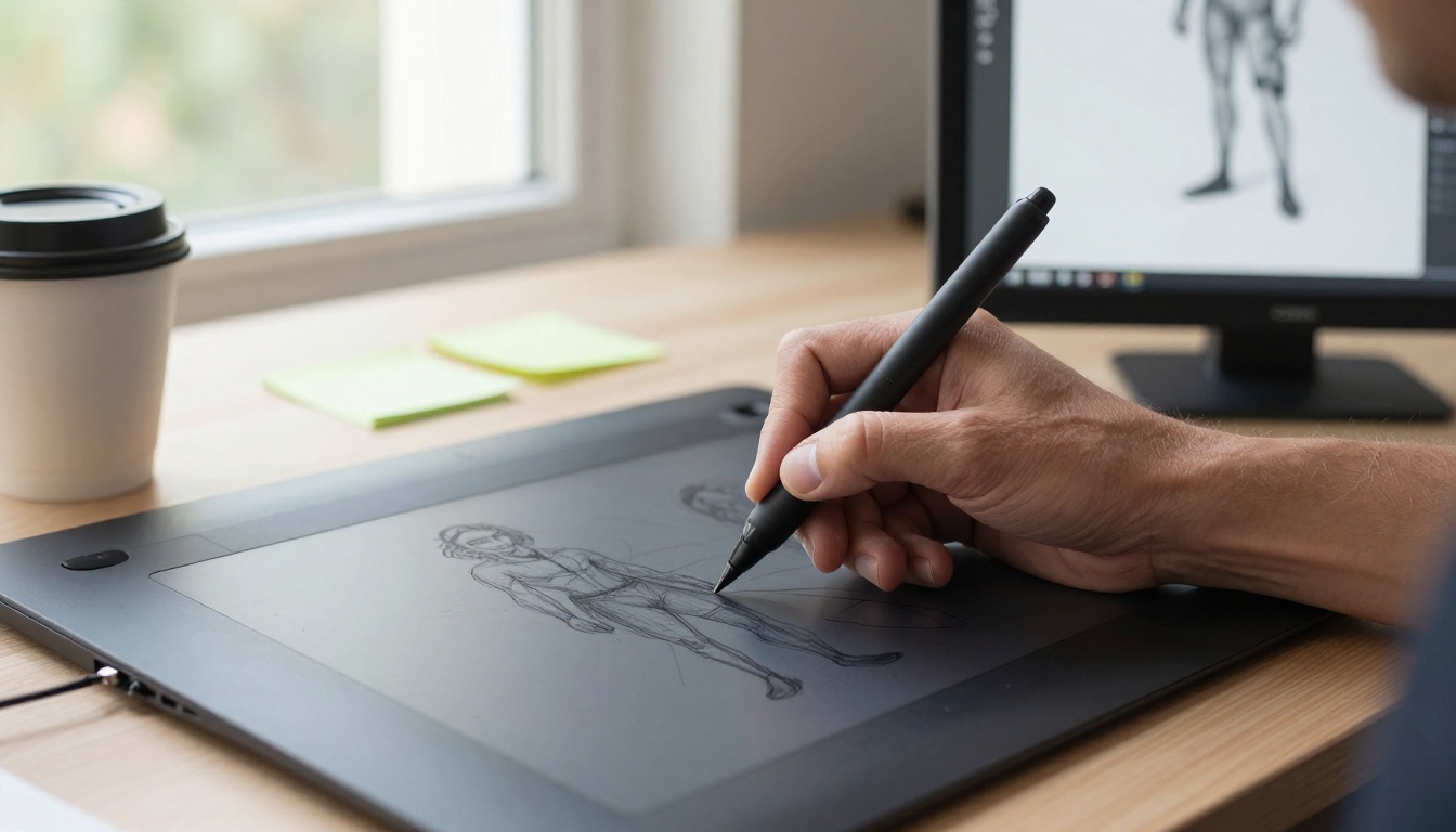 Artist's hand sketching AI character concepts on a Wacom tablet with monitor beside it
