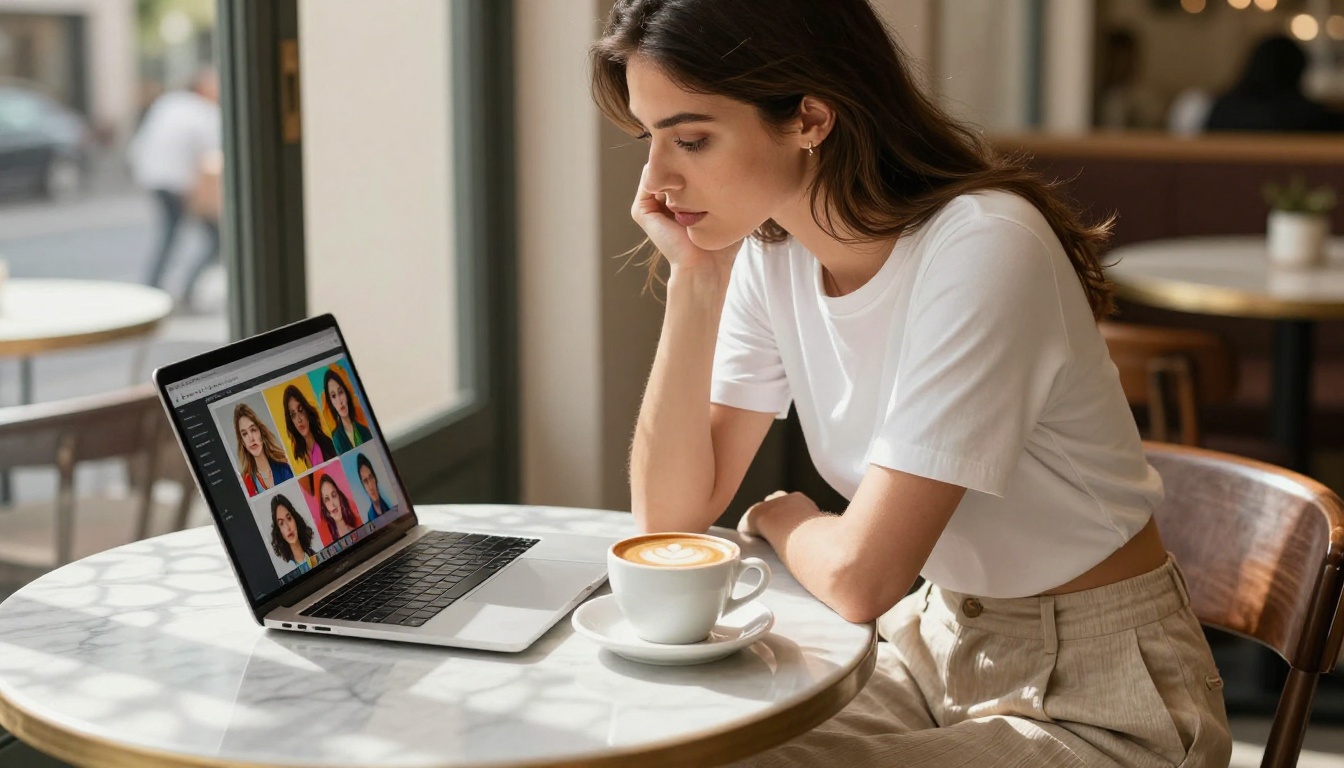 Woman at café with laptop open to AI art platform, French windows, cappuccino, natural light