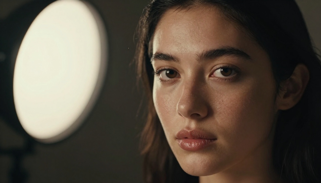 Close-up portrait with Rembrandt lighting, mesmerizing dark-eyed woman with visible skin texture
