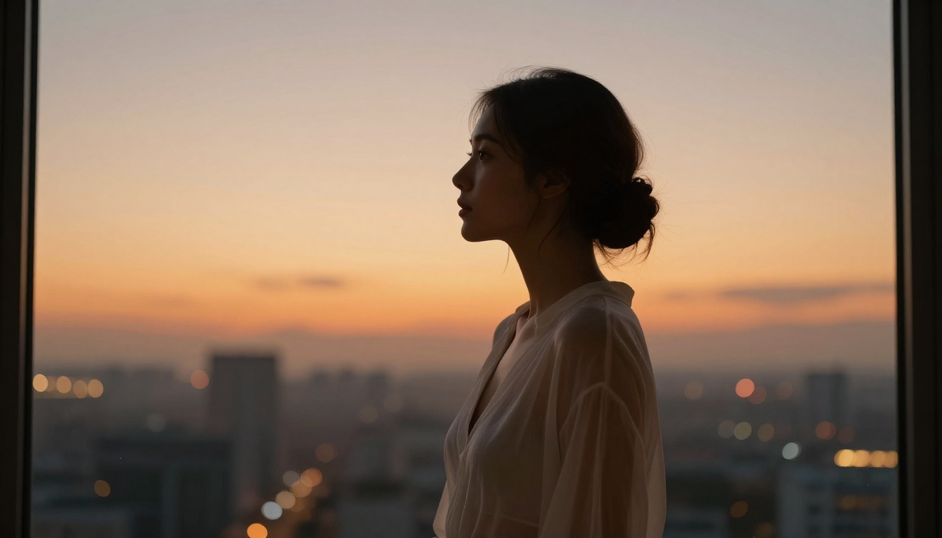 Beautiful woman in profile silhouette against floor-to-ceiling window at sunset, city skyline