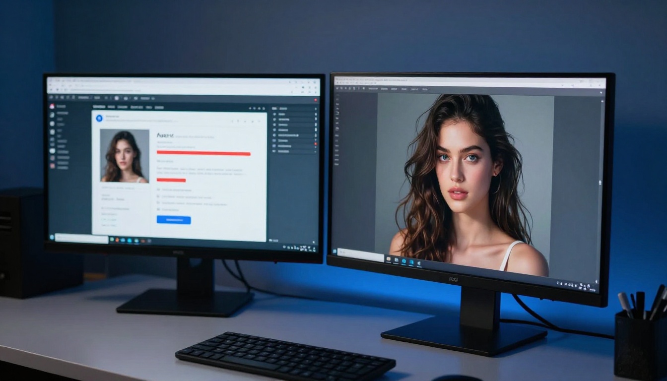 Dual monitor comparison showing blocked AI output vs successful uncensored portrait