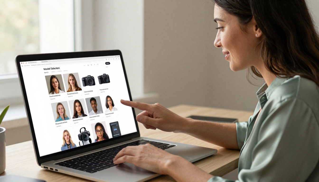 Attractive woman in sage green blouse browsing AI model selection on MacBook Pro