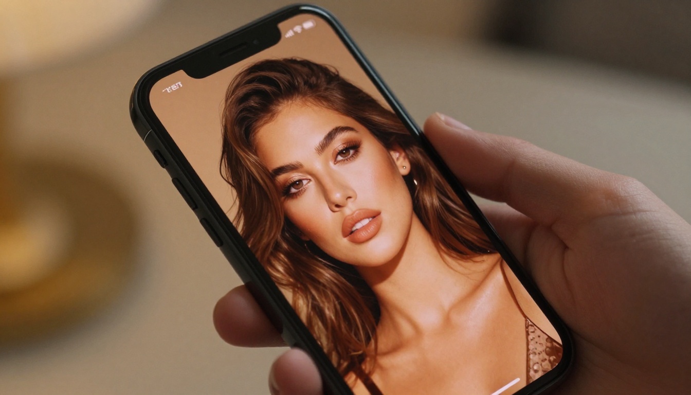 Smartphone held in hand displaying AI-generated glamour portrait on screen