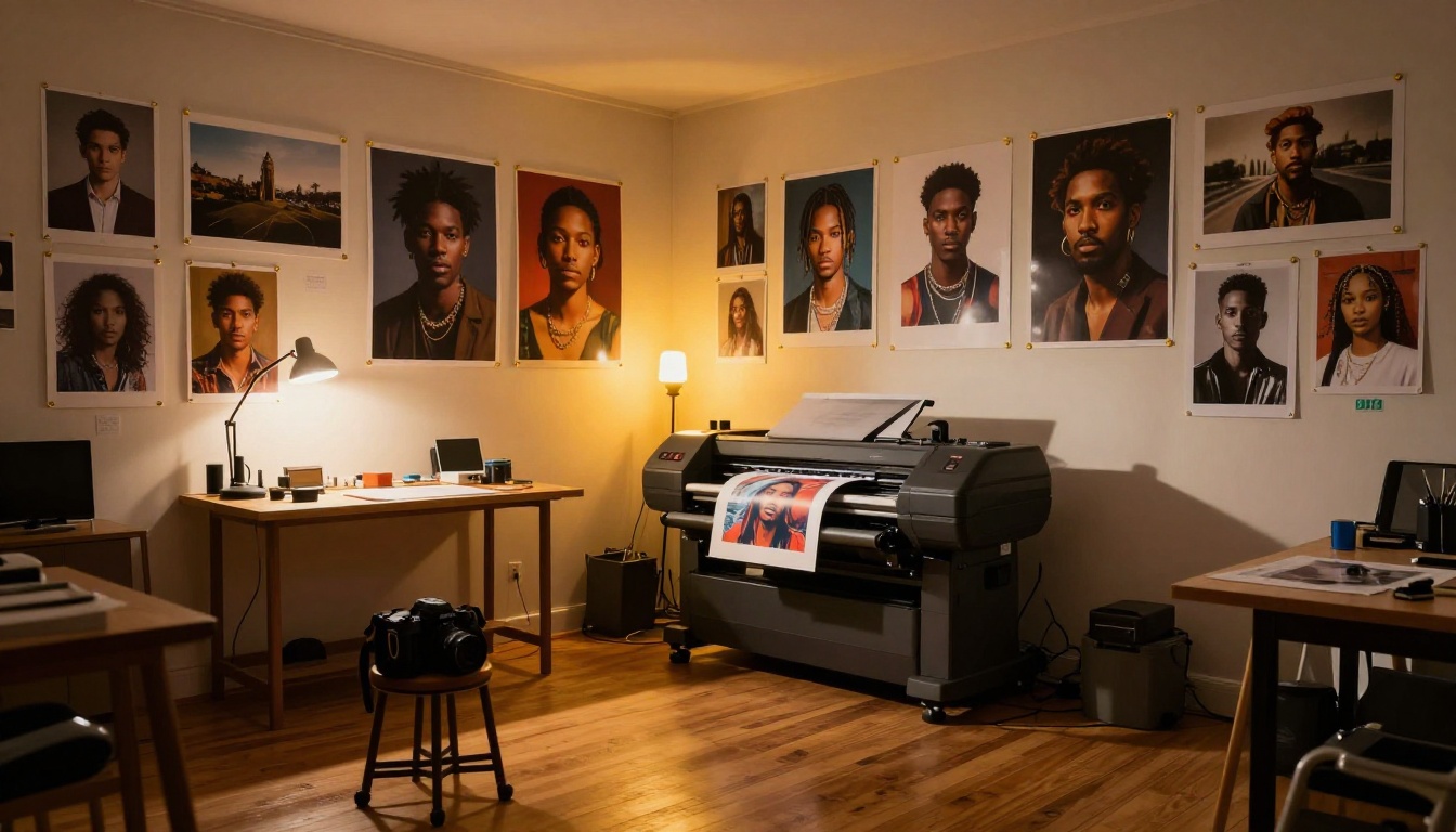 Vibrant creative studio with walls covered in AI-generated portrait artworks, warm tungsten lighting
