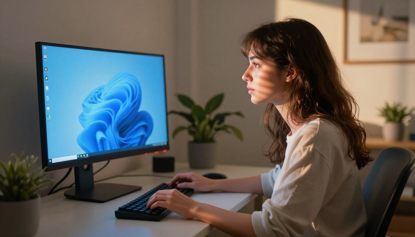 A young woman seated at a minimalist desk illuminated by warm screen glow from a monitor displaying AI-generated artwork