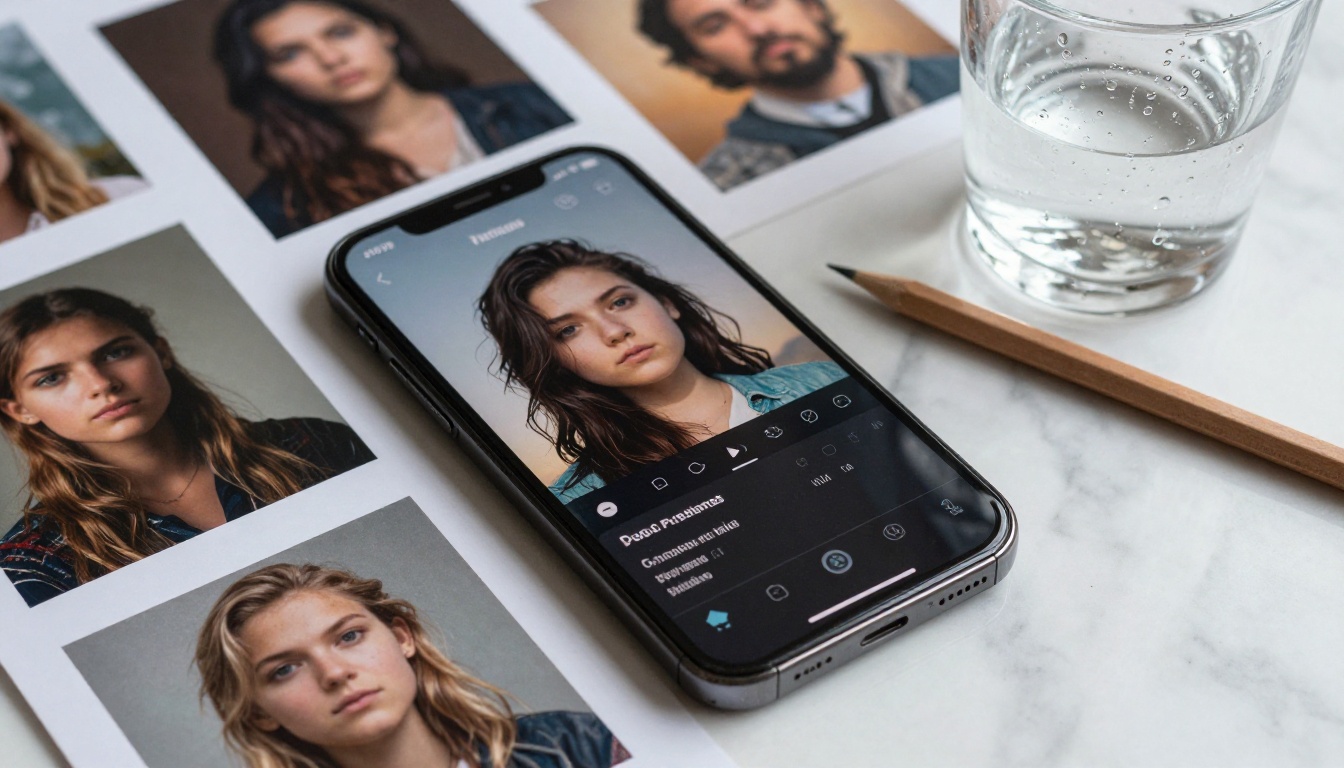 A close-up aerial shot looking down at a smartphone displaying an AI image generation interface, surrounded by printed photo samples on a white marble surface