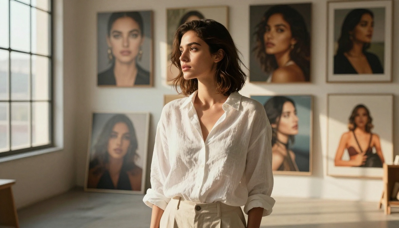 A beautiful woman posing in front of a canvas wall with multiple framed AI-generated photographic prints arranged in gallery style in a sun-drenched studio