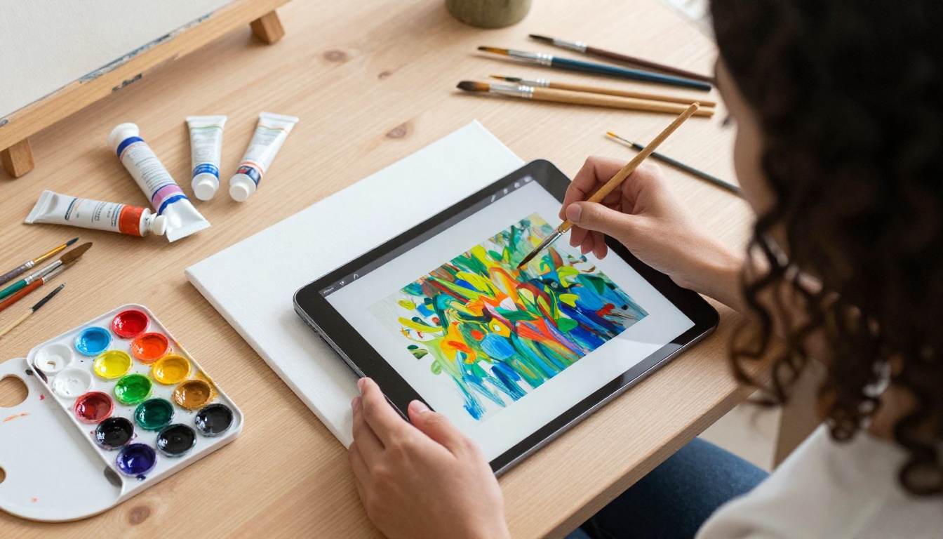 Creative woman with curly hair painting on canvas using AI art as reference on iPad