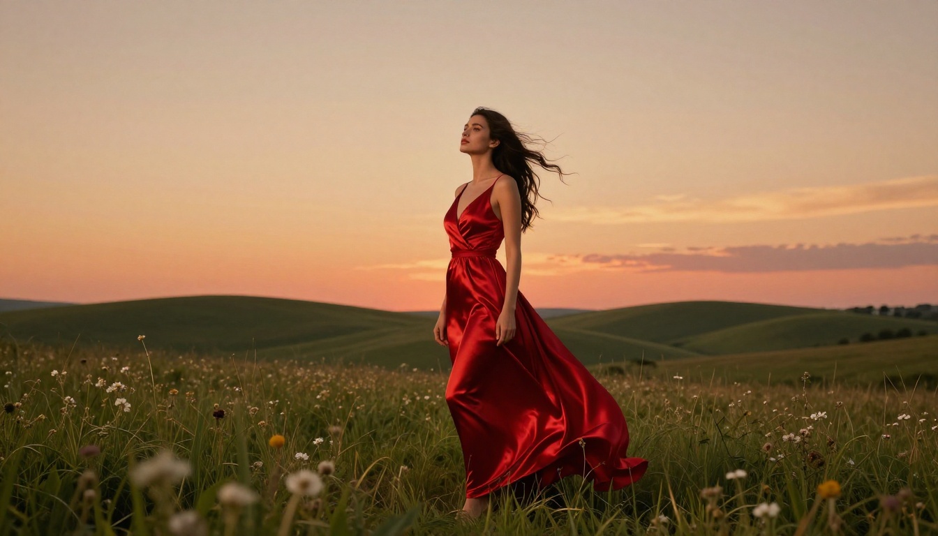 An elegant woman in a flowing red satin dress standing in an open field at golden hour, warm orange-red sunset light catching the fabric