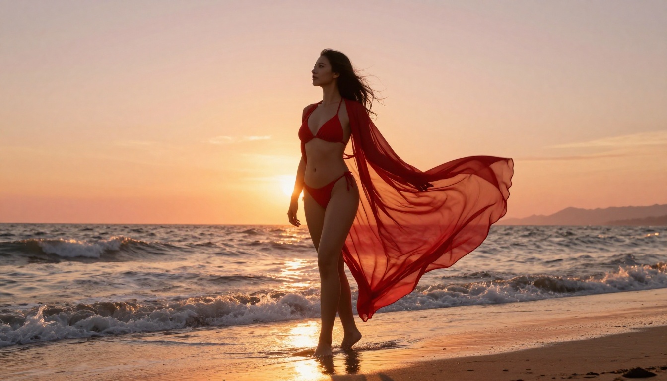 Stunning woman at ocean edge at golden hour, sheer cover-up billowing in breeze, blazing sunset sky