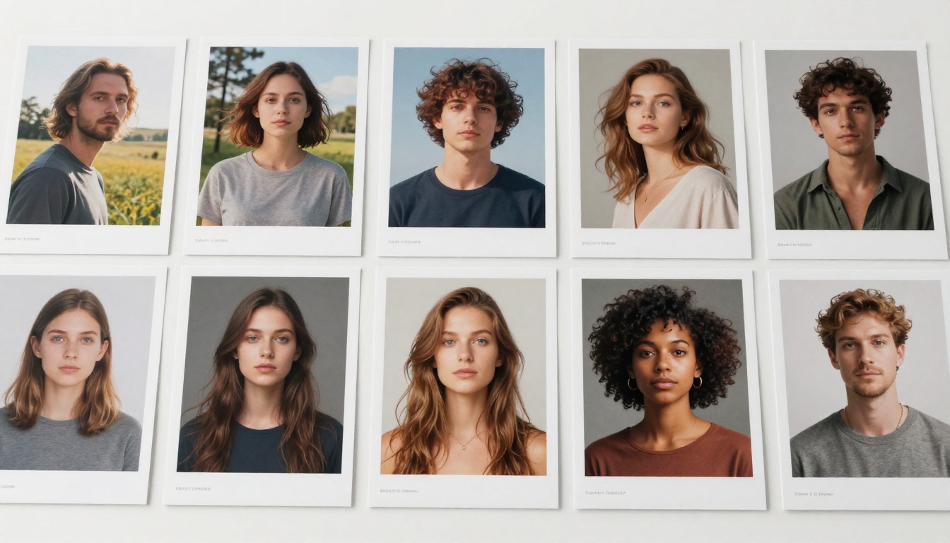 A flat lay comparison photograph showing printed AI image samples from different models arranged in a grid pattern on a clean white surface
