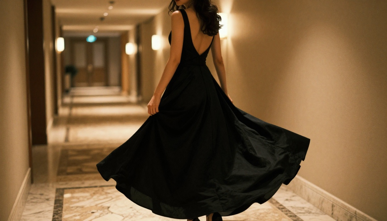 A glamorous woman in a sophisticated black backless evening dress standing in a luxury hotel corridor with marble floors and warm wall sconce lighting
