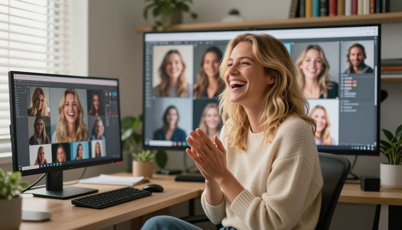 Radiant blonde woman laughing with joy at AI-generated portrait gallery on large monitor