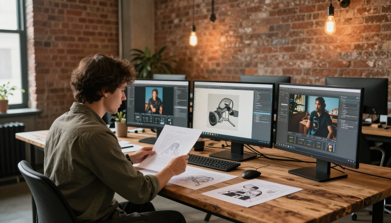 A creative professional seated in a sunlit industrial co-working space with exposed brick walls reviewing printed AI artwork on a reclaimed wood table