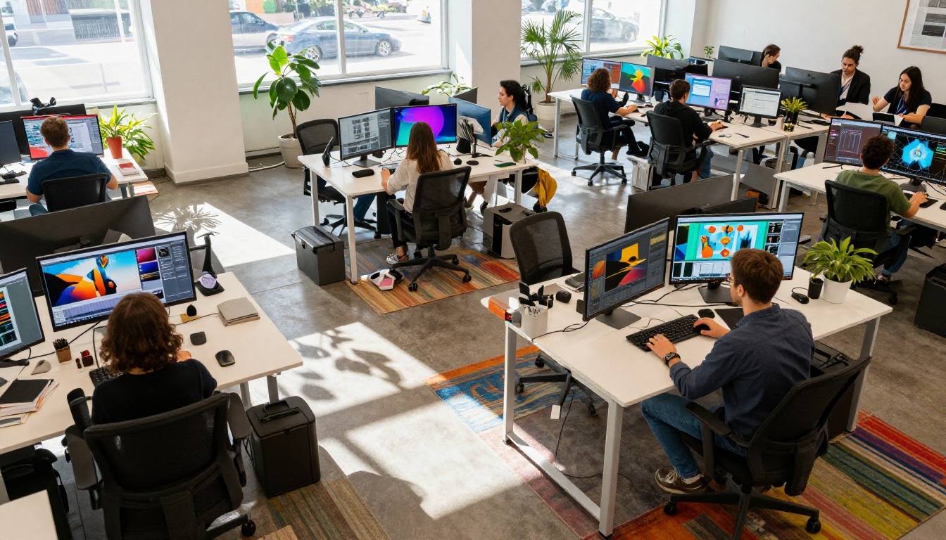 An aerial bird's-eye view looking down at a creative agency open office with multiple designers at workstations displaying vibrant image generation results on their screens