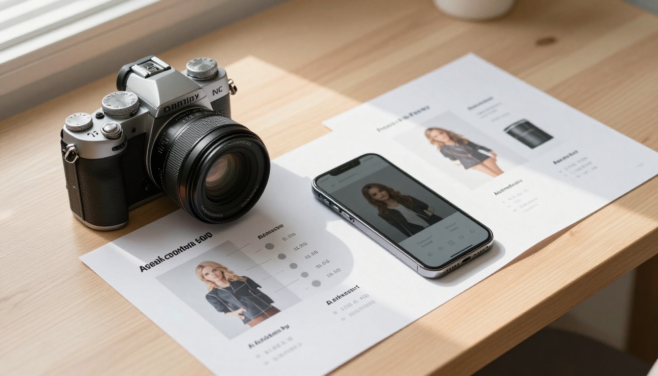 A professional camera beside a smartphone on a beech wood desk with printed AI image generation speed metrics, shot from a 45-degree overhead angle